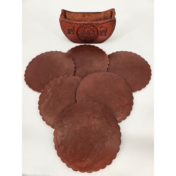 Genuine Peruvian Tooled Leather Coaster Set with Holder - Picture 3 of 12